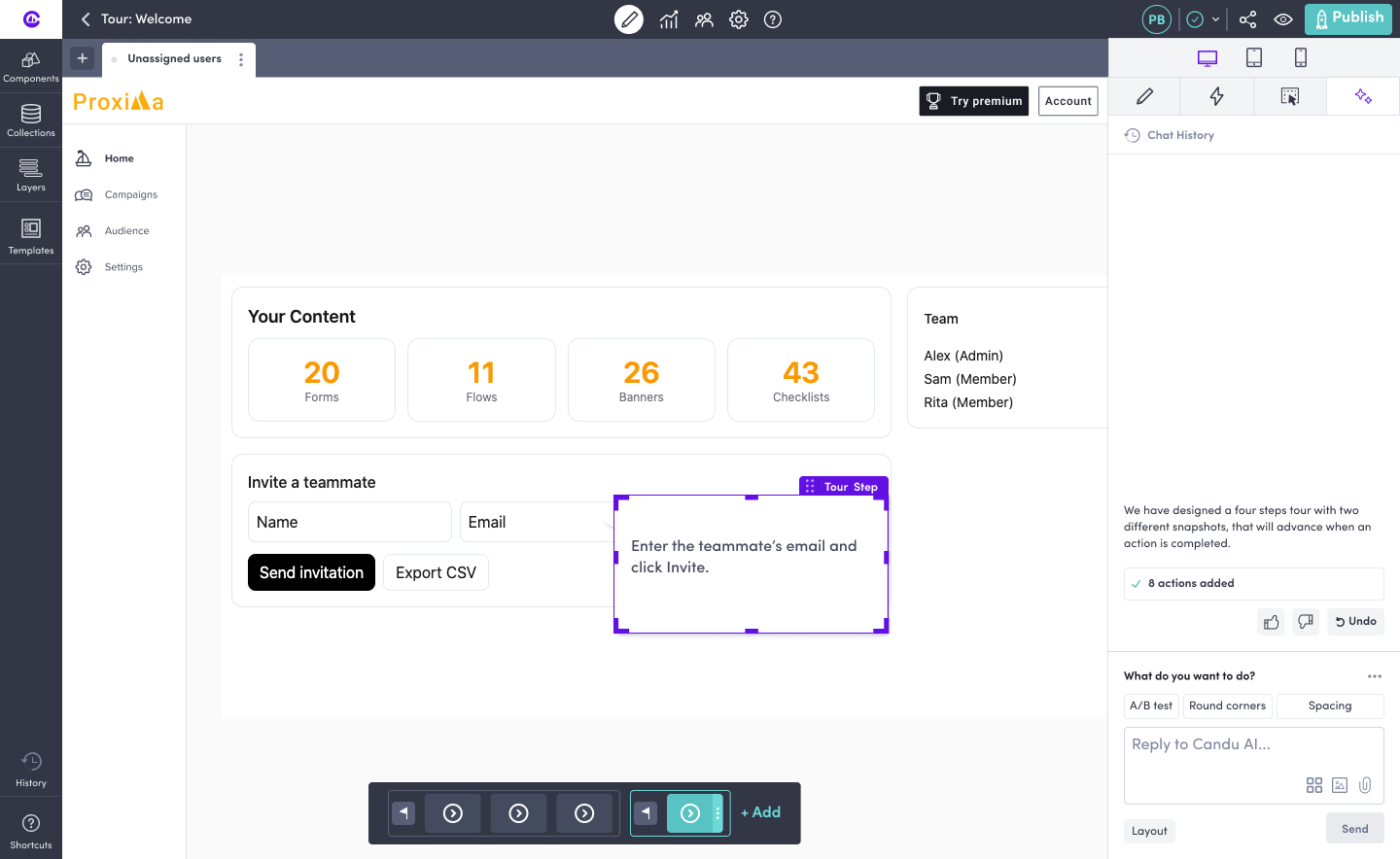 Designed Candu editor showing an AI-drafted tour step on the target product, the AI Copilot's summary panel, and a floating step navigator.