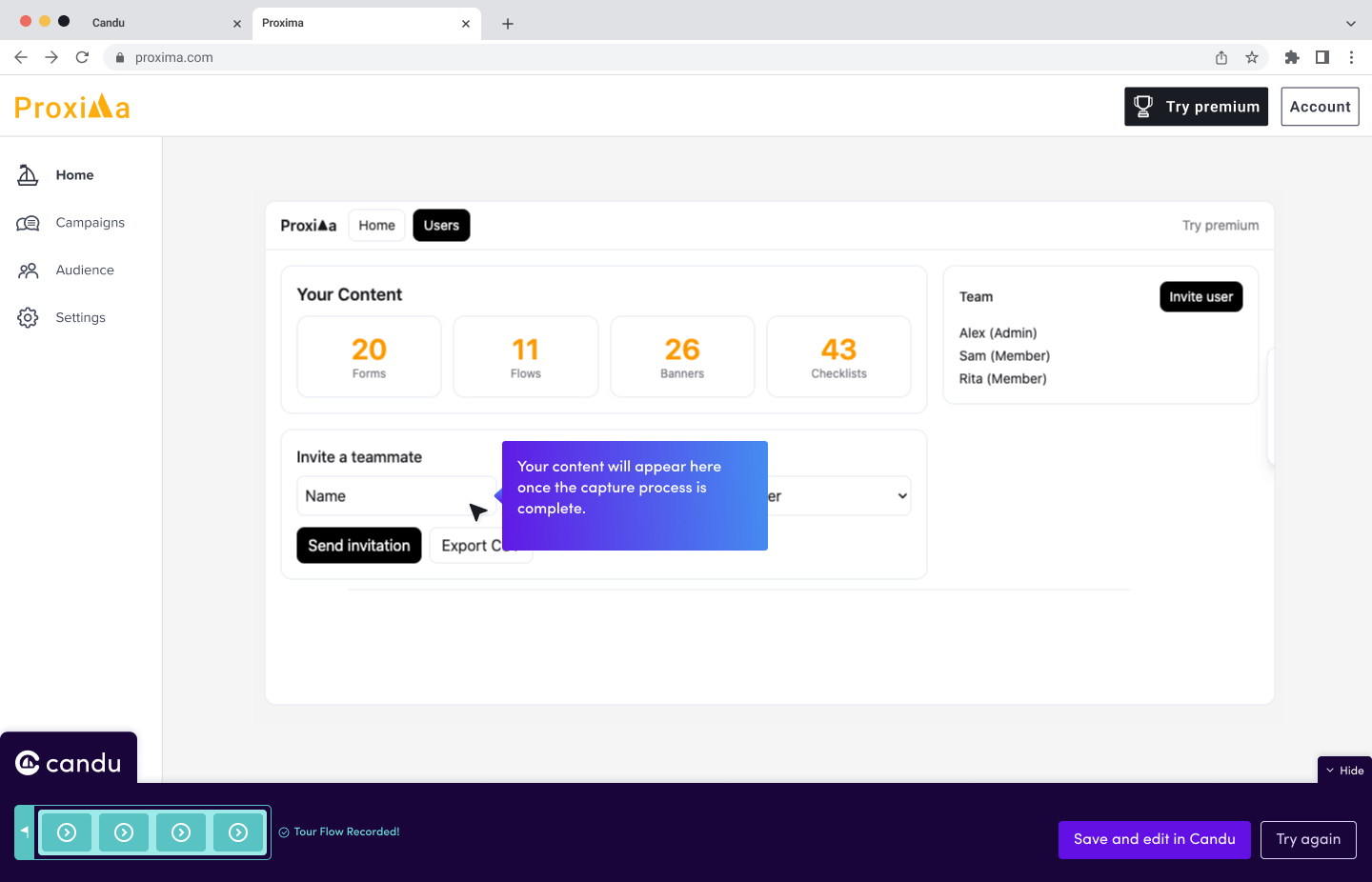 Designed recording-complete state of the Candu extension: four captured steps filled in, a Tour Flow Recorded confirmation, and a Save and edit in Candu button.