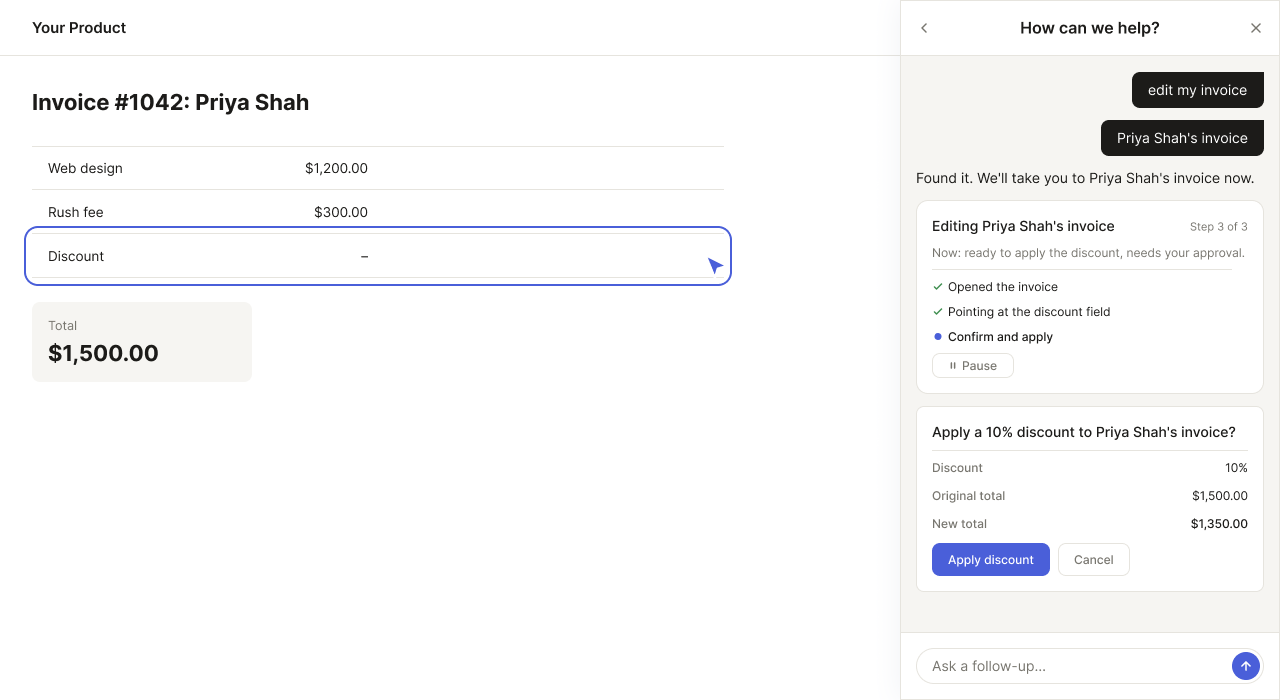 Figma design of a live step tracker showing the agent's progress toward an action, alongside a confirmation card with the exact discount and new total, plus Apply and Cancel buttons.