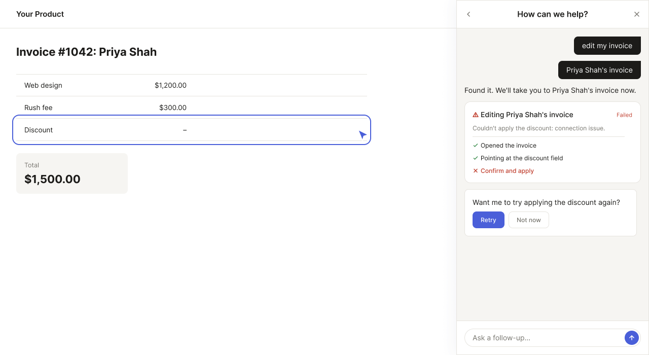 Figma design of a failed action state: the agent's step tracker shows Confirm and apply failed with a connection issue, alongside a retry or not-now choice.