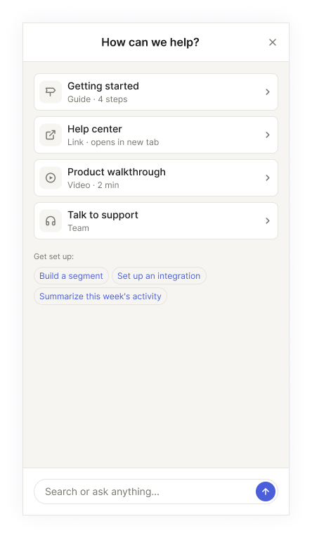 Figma design of a 'How can we help?' assistant panel: a getting-started guide, help center, product walkthrough, talk to support, and quick-action chips.