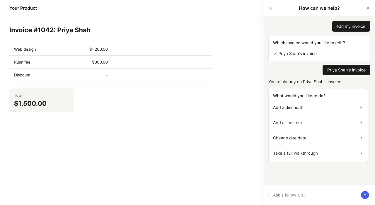 Figma design of the agent disambiguating which record to edit, then offering a list of selectable next actions, instead of expecting a typed chat answer.