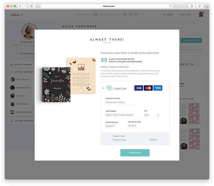 LettersTo checkout screen showing a collaborator's small micro-payment contribution toward the finished book, with a preview of the physical book design.