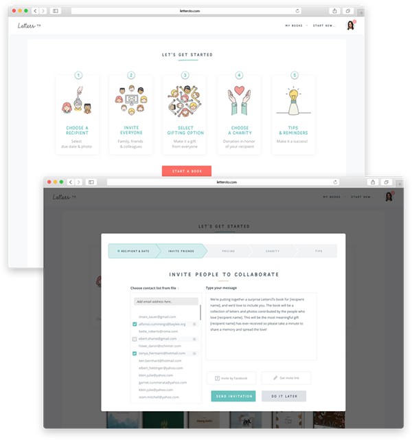 LettersTo get-started flow: choosing a recipient, inviting collaborators, and typing an invitation message.