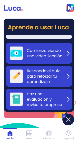 Redesigned Luca onboarding checklist screen, guiding a new user through a video lesson, a quiz, and an evaluation.