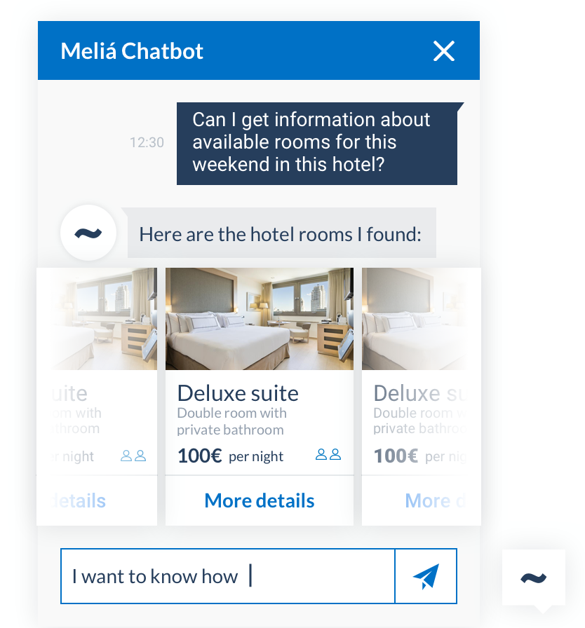 Meliá chatbot showing a horizontal carousel of hotel room cards in response to a room availability query.