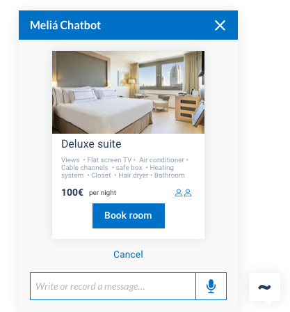 Meliá chatbot showing a single room's detail card with amenities, price, and a Book room button.