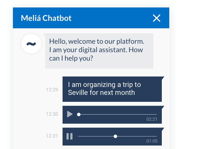 Meliá chatbot conversation showing a voice message sent by the user rendered as a playable audio waveform component inside the chat interface.