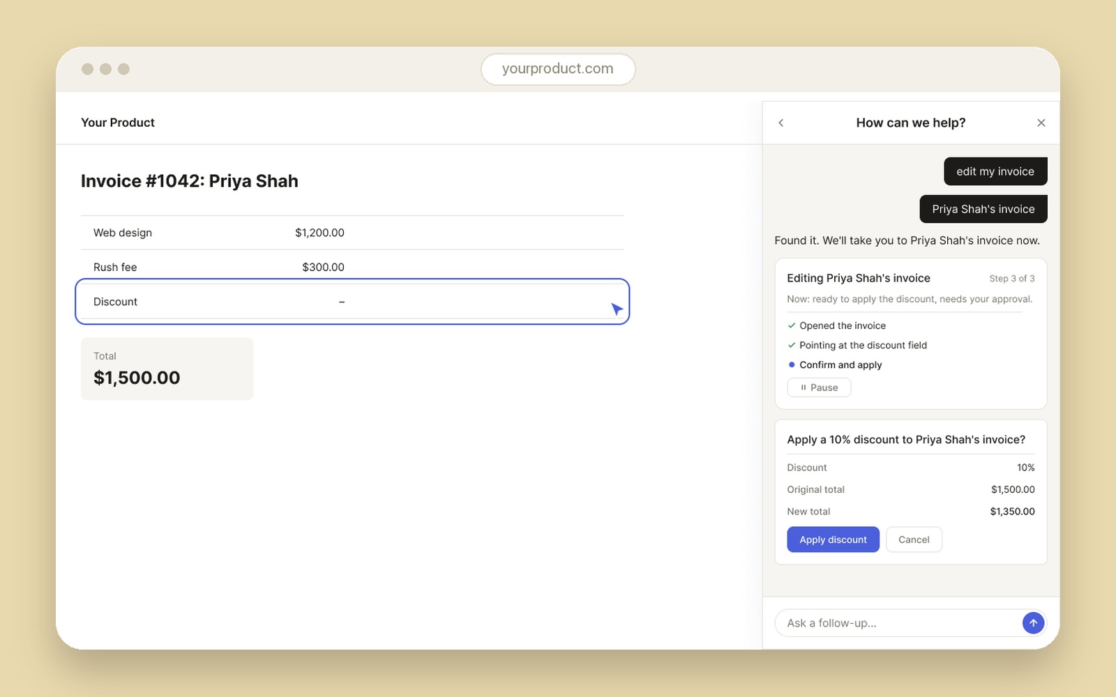 AI agent sidebar shown in a flat browser frame, walking through a confirmation moment before applying a discount.