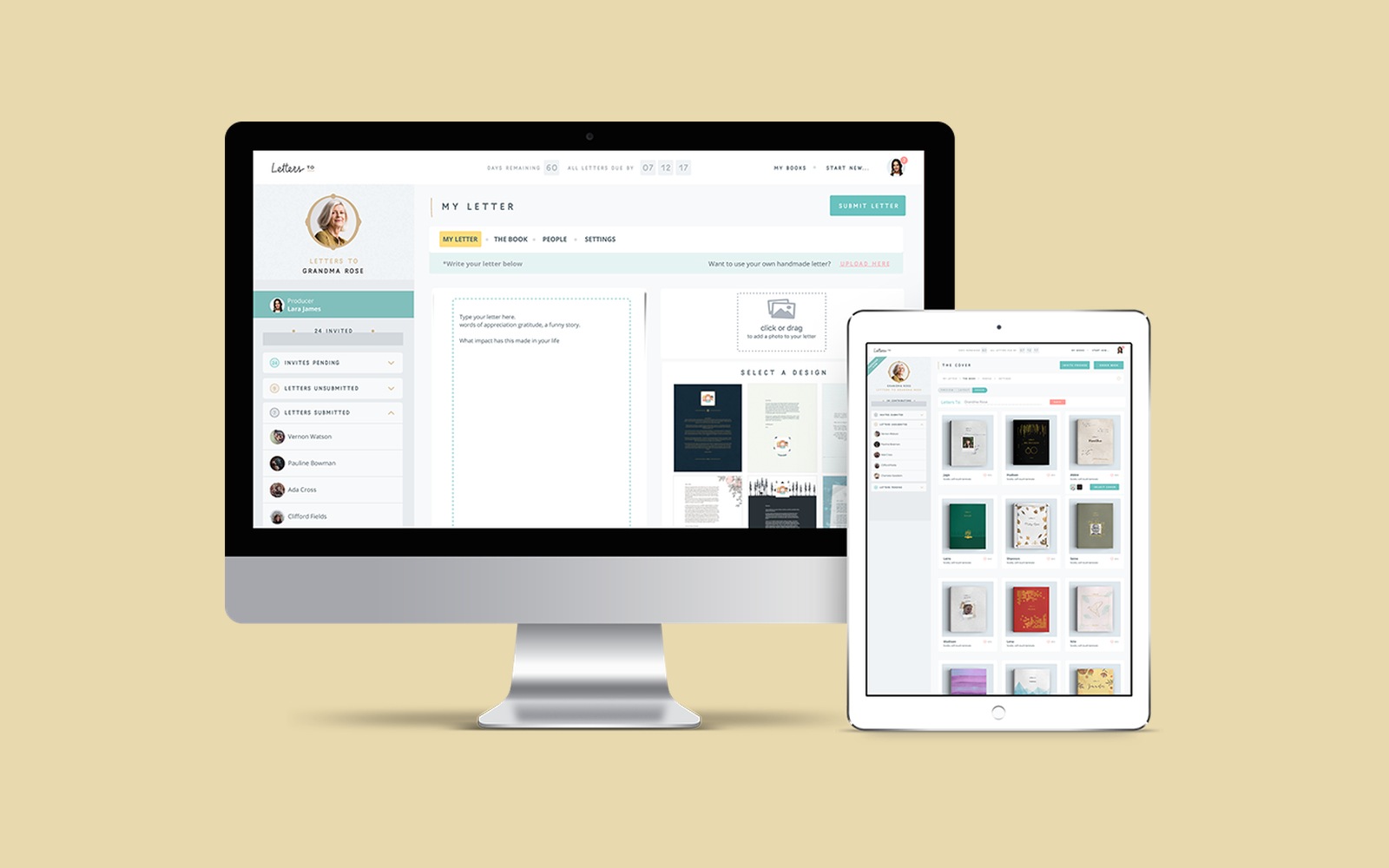 LettersTo product screens: the collaborative letter editor on desktop and the book-cover selection gallery on tablet.
