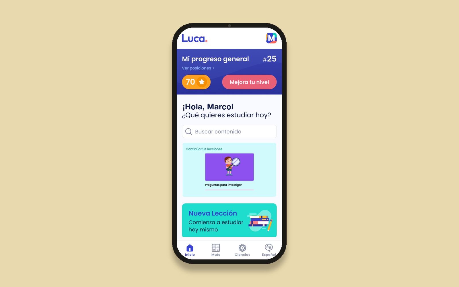 Luca mobile app in a phone mockup, showing global progress, ranking position, and a level-up prompt.