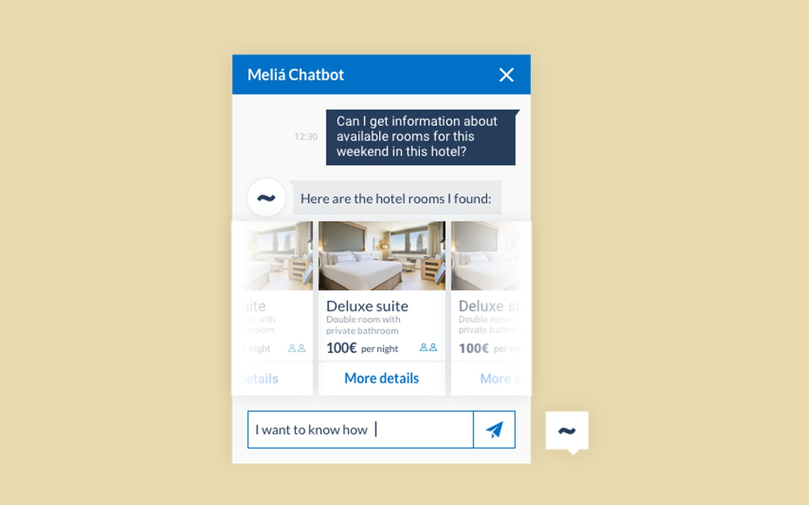 Meliá chatbot conversation showing a room-search query answered with a card carousel.